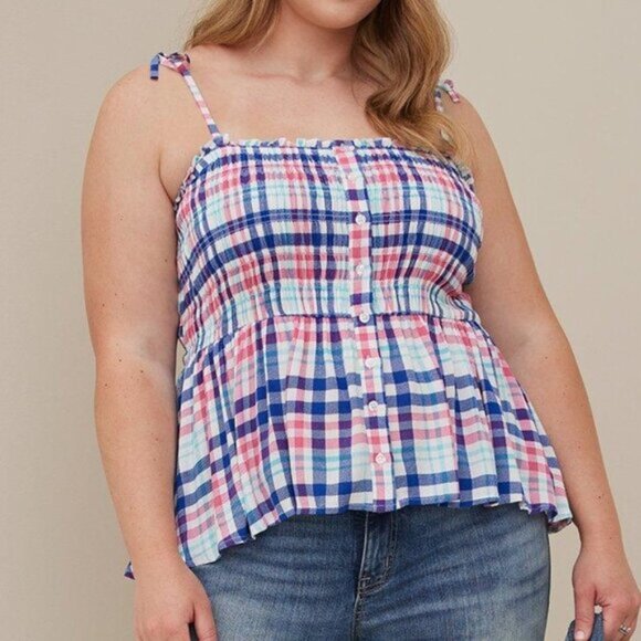 Torrid Peplum Plaid Top Smocked Bodice Cami Crinkle Gauze Size 3 Summer Pink NWT - Picture 1 of 8